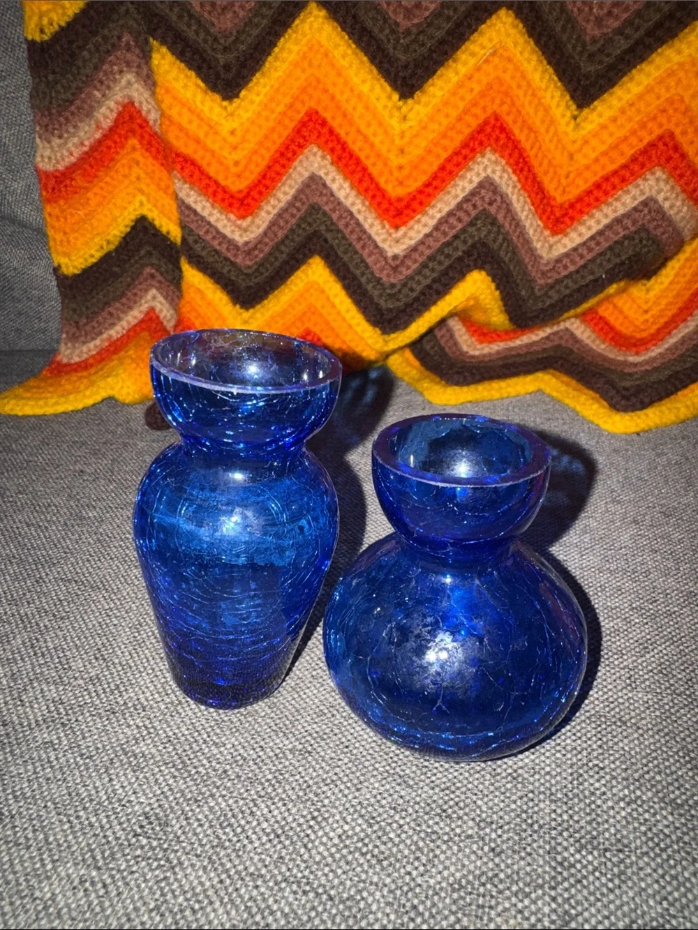VINTAGE Cobalt Blue Crackle Glass Mini Vases Set of 2 –Mid-Century Modern